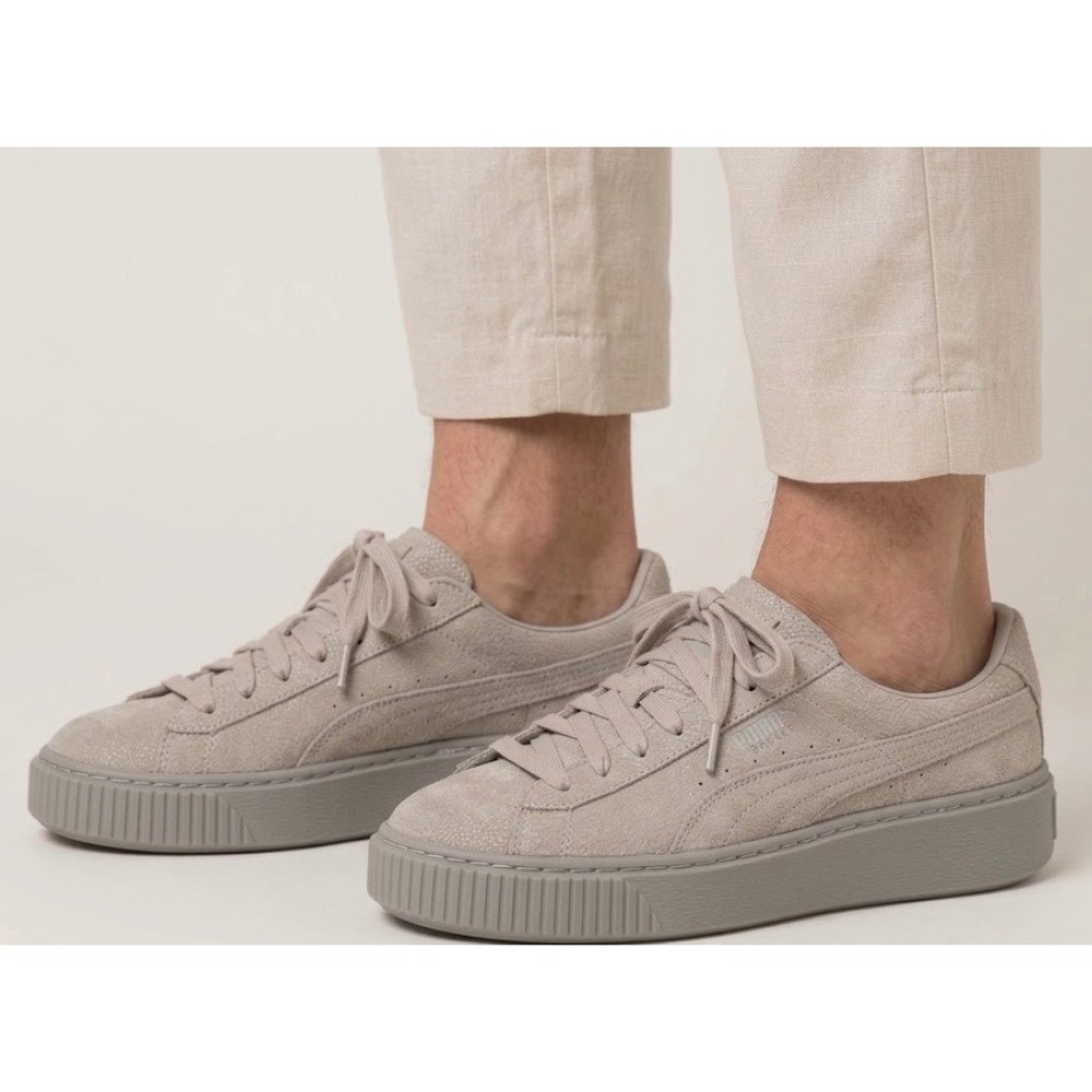 Puma Basket Platform Metallic Safari Beige Suede Sneakers Womens Size 7.5